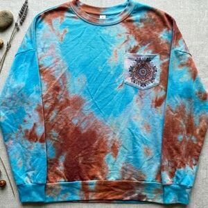 Blue Pink Hippie Tie Dye Acid Wash Long Sleeve Mandala Graphic Top Large